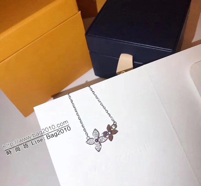 Louis Vuitton純銀飾品 路易威登滿鑽雙花項鏈 LV簡約四葉草玫瑰金鎖骨鏈  zglv2192